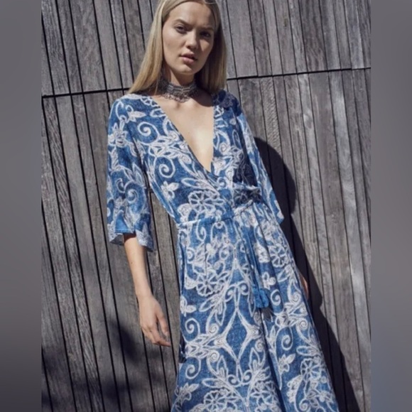 Jaase Wide Leg Jumpsuit Size XS Boho Downstring 3/4 Sleeve V-Neck Color Blue - Picture 1 of 12